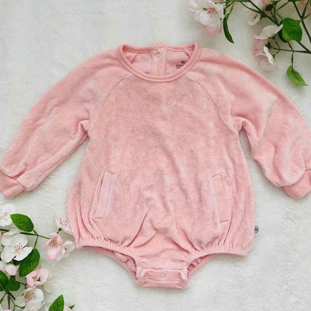 Velour Organic Cotton Soft Pink Baby Girl Bubble Romper, Honest Company 12M